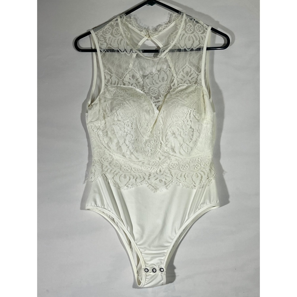 Floral Lace‎ Sheer Mesh High Neck Sleeveless Bodice Bodysuit Women M Ivory Edgy